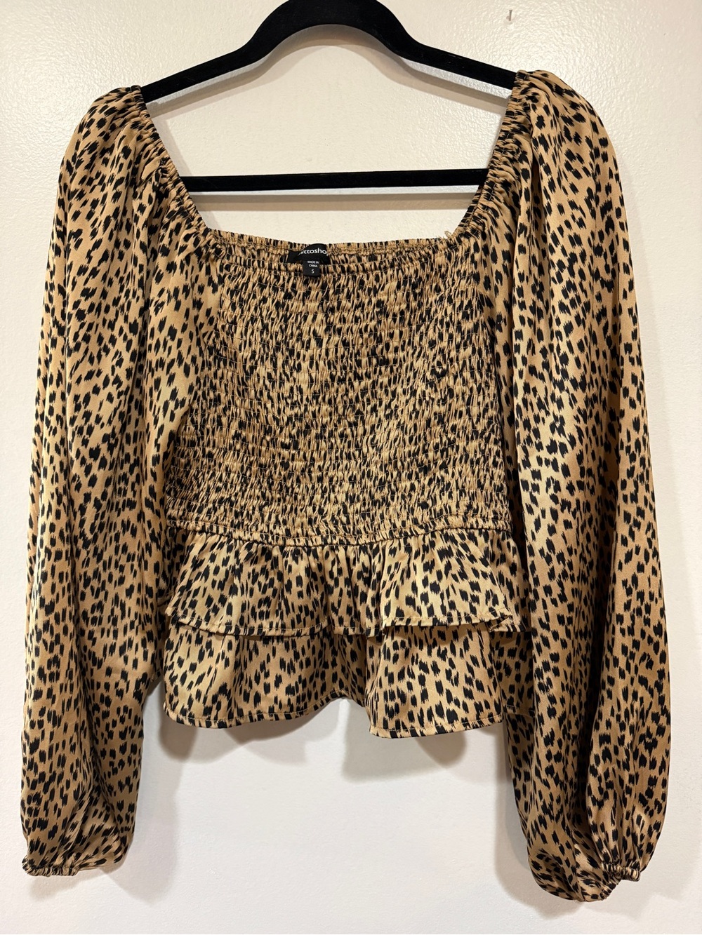 Y2k Puff Sleeve Tiered Women S Blouse Cheetah Leopard Smocked Peplum Square Neck